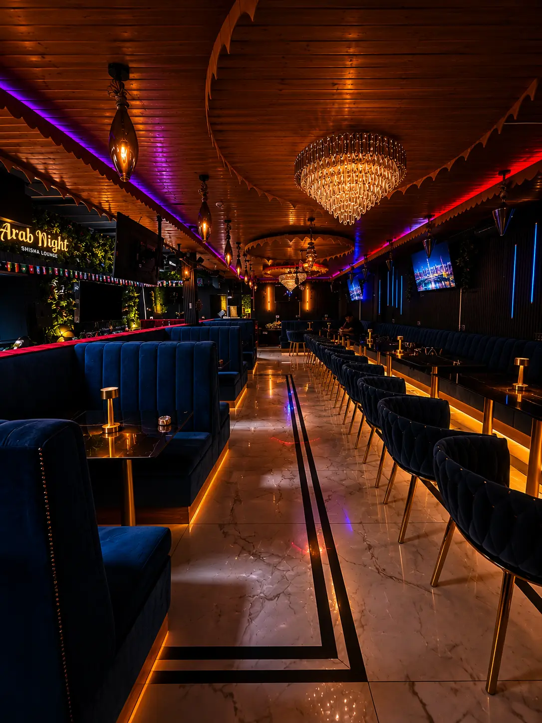 Arab Night lounge seating and chandeliers